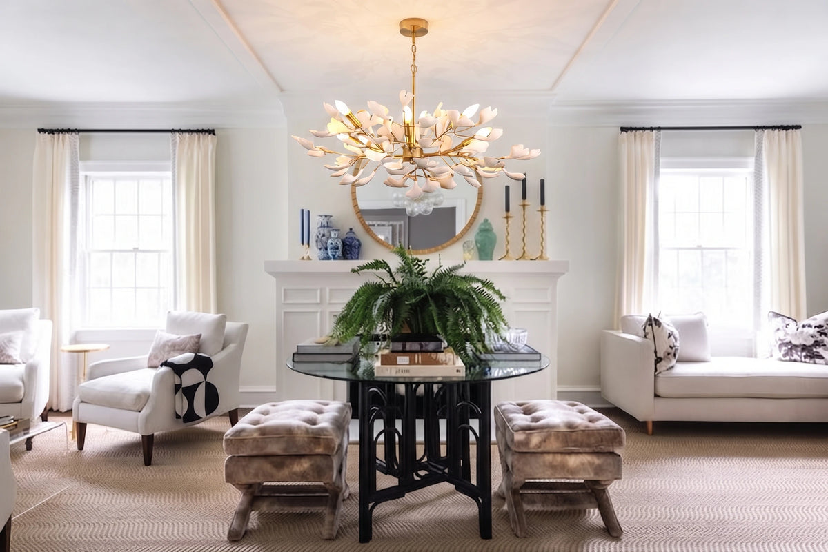 Modern White Ginkgo Leaf Semi-Flush Mount Chandelier in Living Area