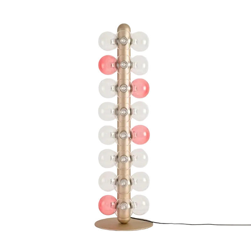 Modern Brass Post Multi-Globe Floor Lamp with Pink and White Spheres on Pure White Background