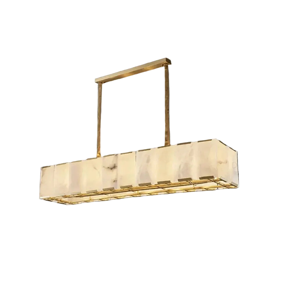 Modern Linear Alabaster Island Chandelier with Brass Frame on Pure White Background