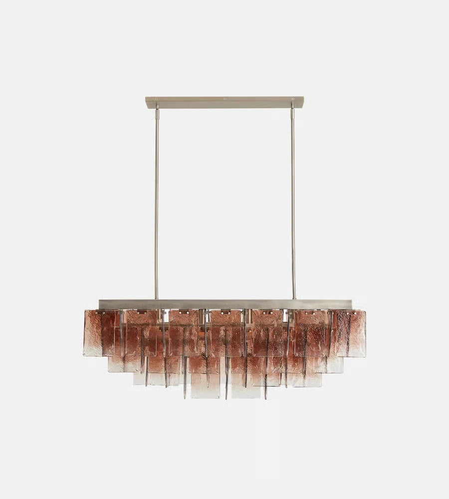 Side View of Illuminated Modern Pink-Amber Gradient Art Glass Linear Chandelier Studio Shot