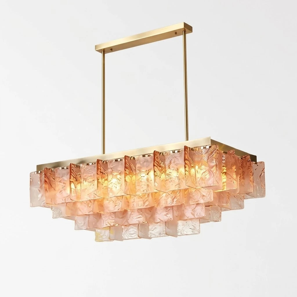 Angled View of Illuminated Modern Cascading Pink-Amber Faceted Glass Linear Chandelier