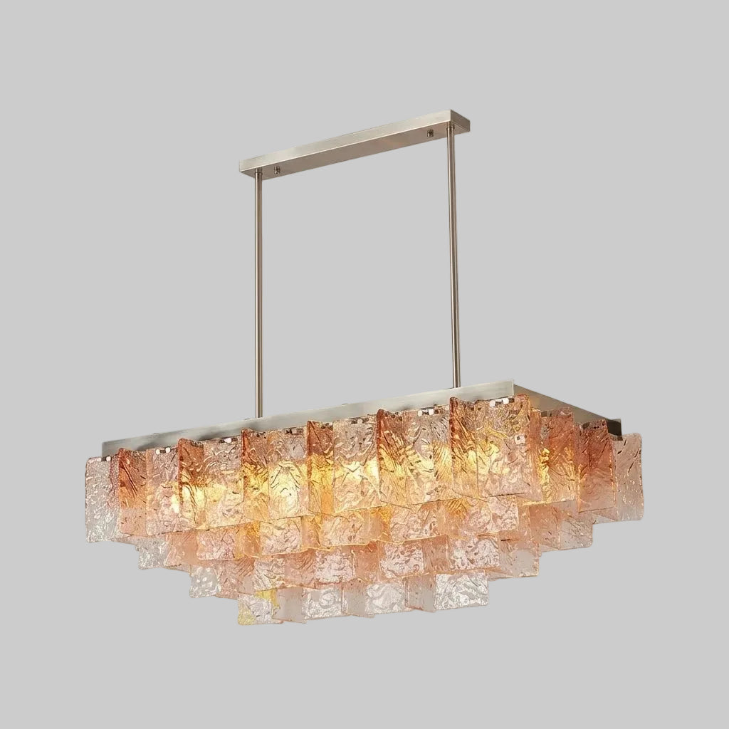 Side View of Illuminated Modern Pink-Amber Faceted Glass Linear Chandelier