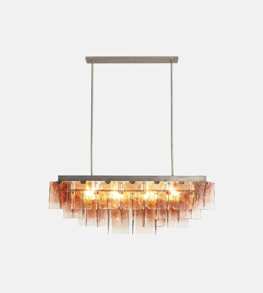 Front View of Illuminated Modern Cascading Art Glass Linear Chandelier