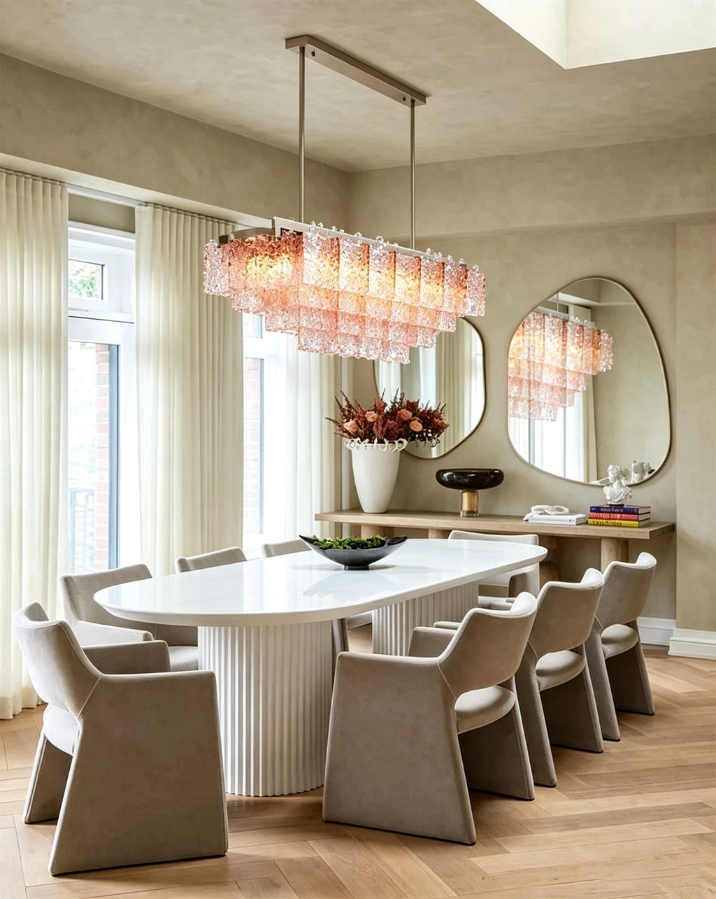 Modern Pink-Amber Gradient Art Glass Chandelier Over Dining Room Table