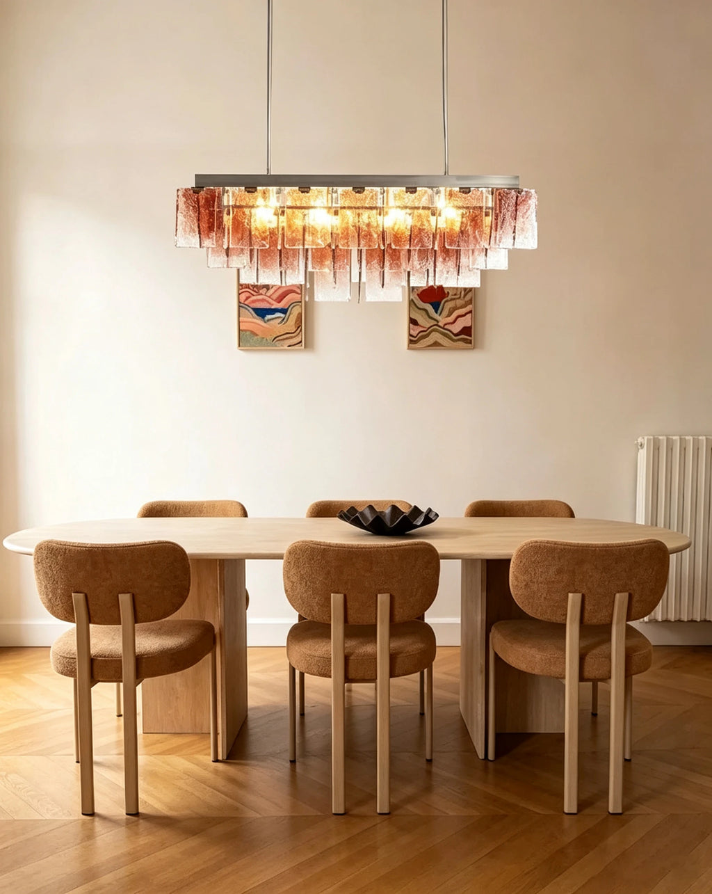 Modern Cascading Art Glass Linear Chandelier Over Dining Area