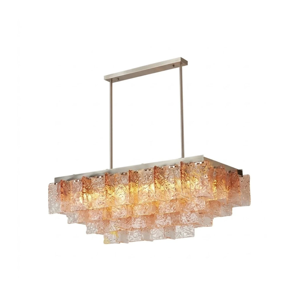 Modern Cascading Pink-Amber Gradient Faceted Art Glass Linear Chandelier with Nickel Stem on Pure White Background