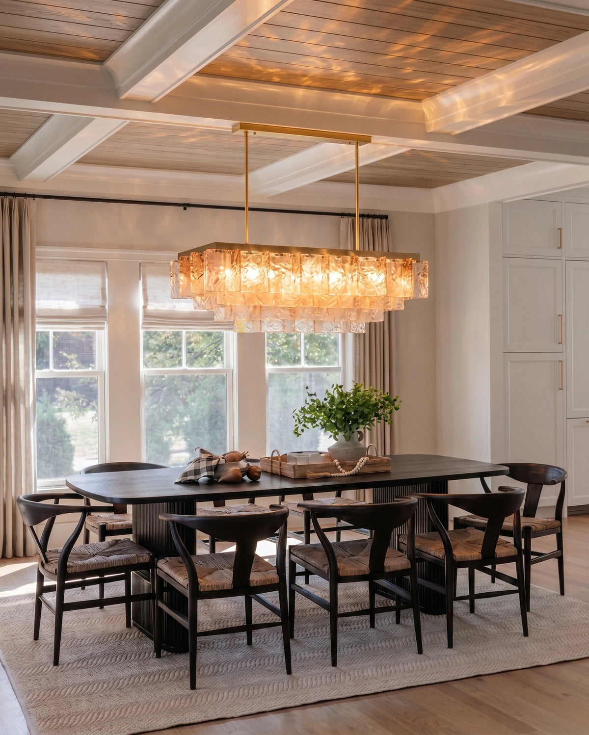 Modern Pink-Amber Gradient Art Glass Chandelier in Vaulted Dining Hall