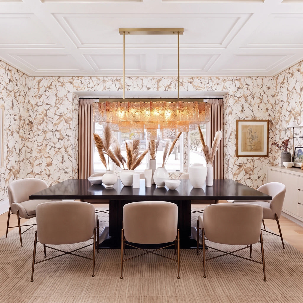 Modern Cascading Art Glass Linear Chandelier Over Formal Dining Room Table