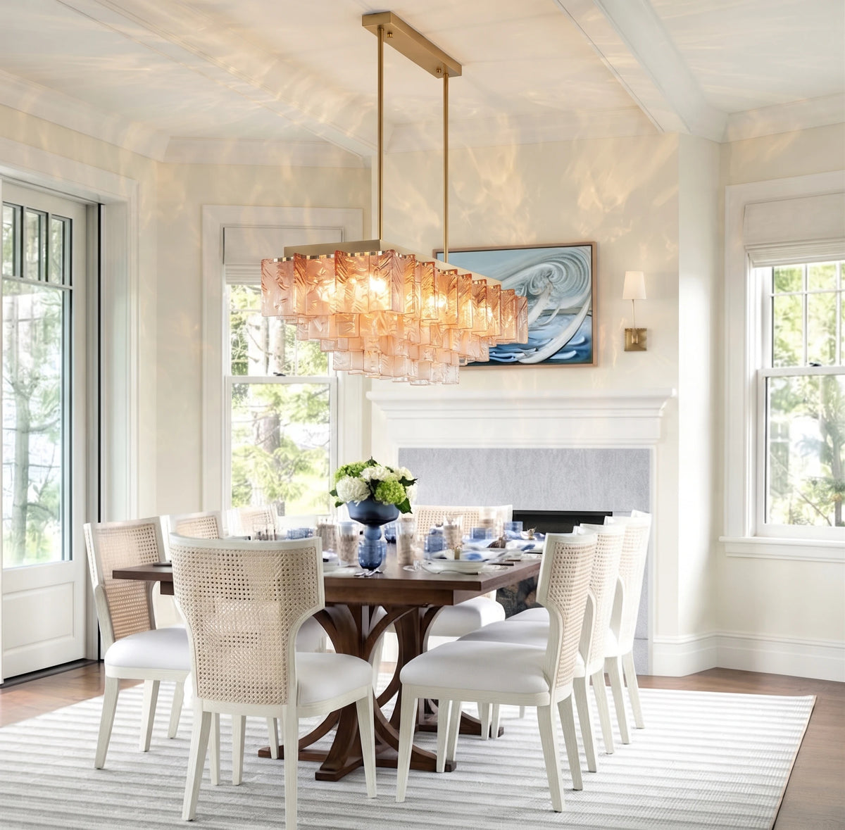 Modern Cascading Art Glass Linear Chandelier Over Round Dining Table