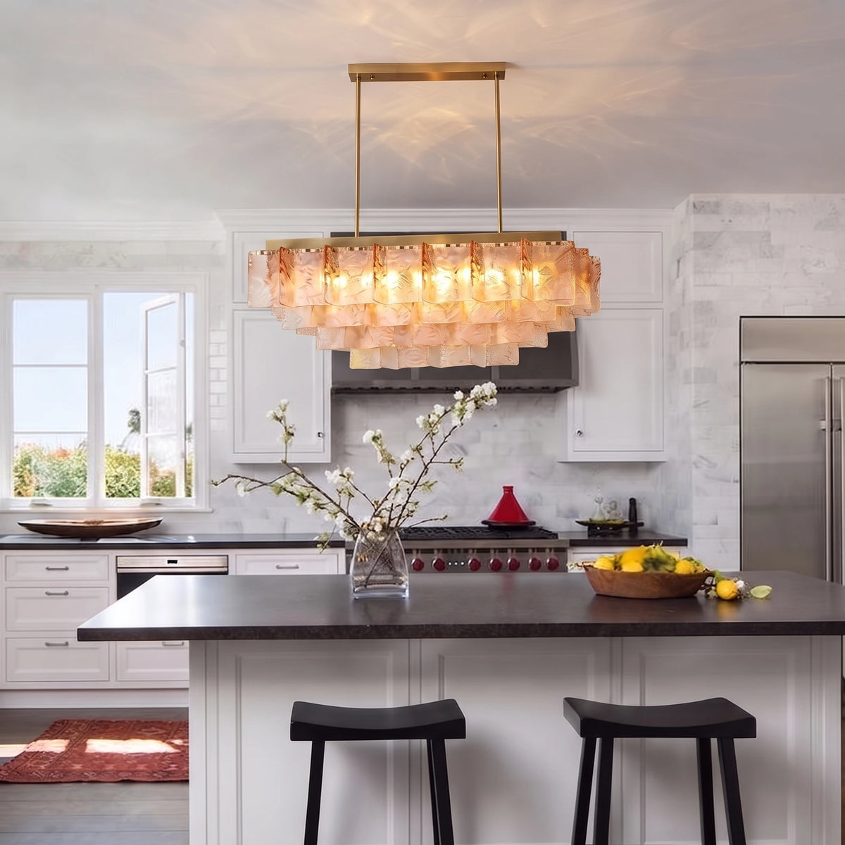 Modern Pink-Amber Faceted Glass Linear Chandelier Over Kitchen Island