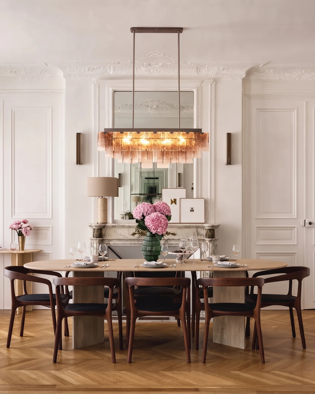 Modern Pink-Amber Faceted Glass Linear Chandelier Over Dining Room Table