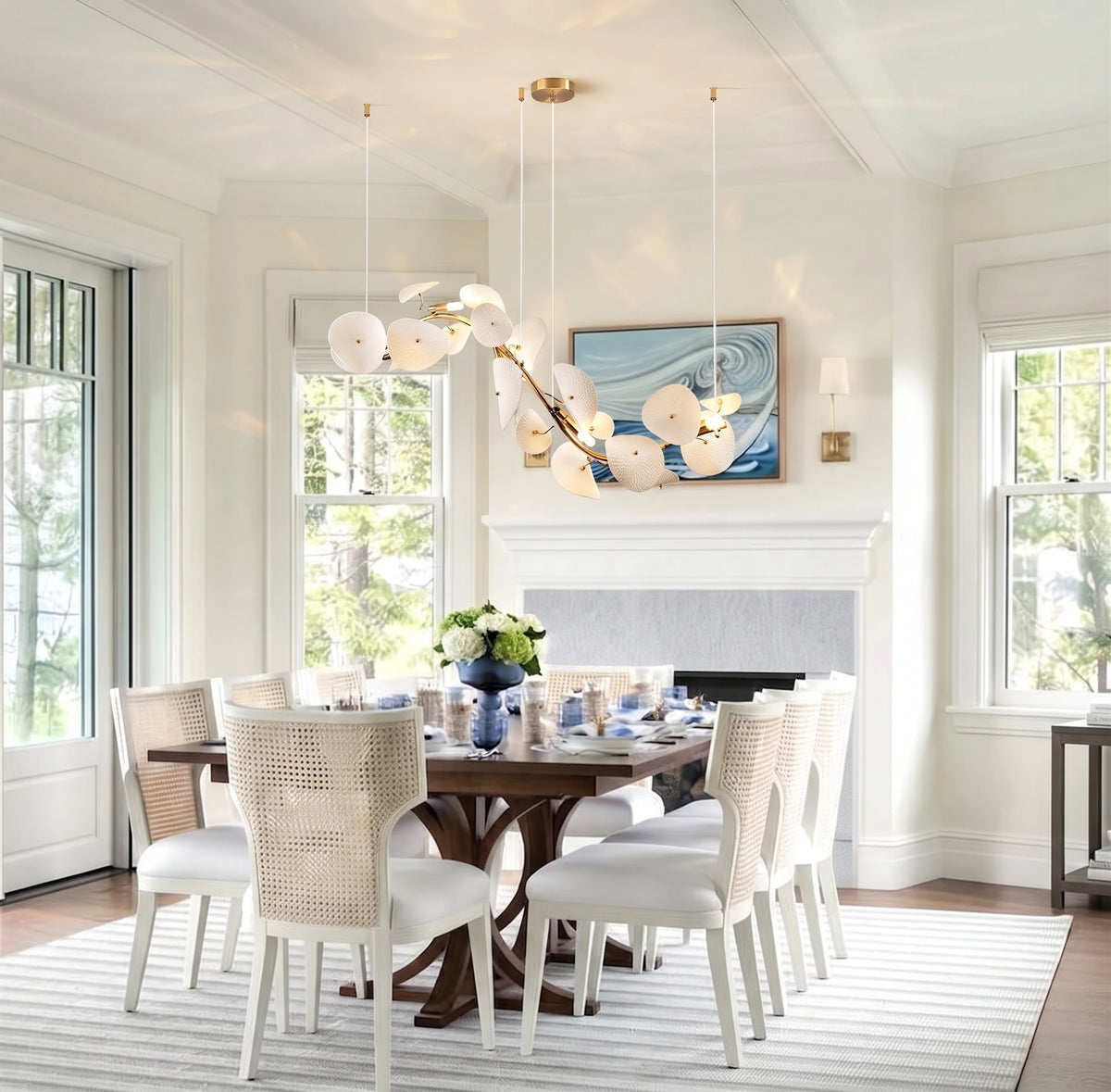 Modern White Round Plate Art Glass Chandelier Over Dining Table