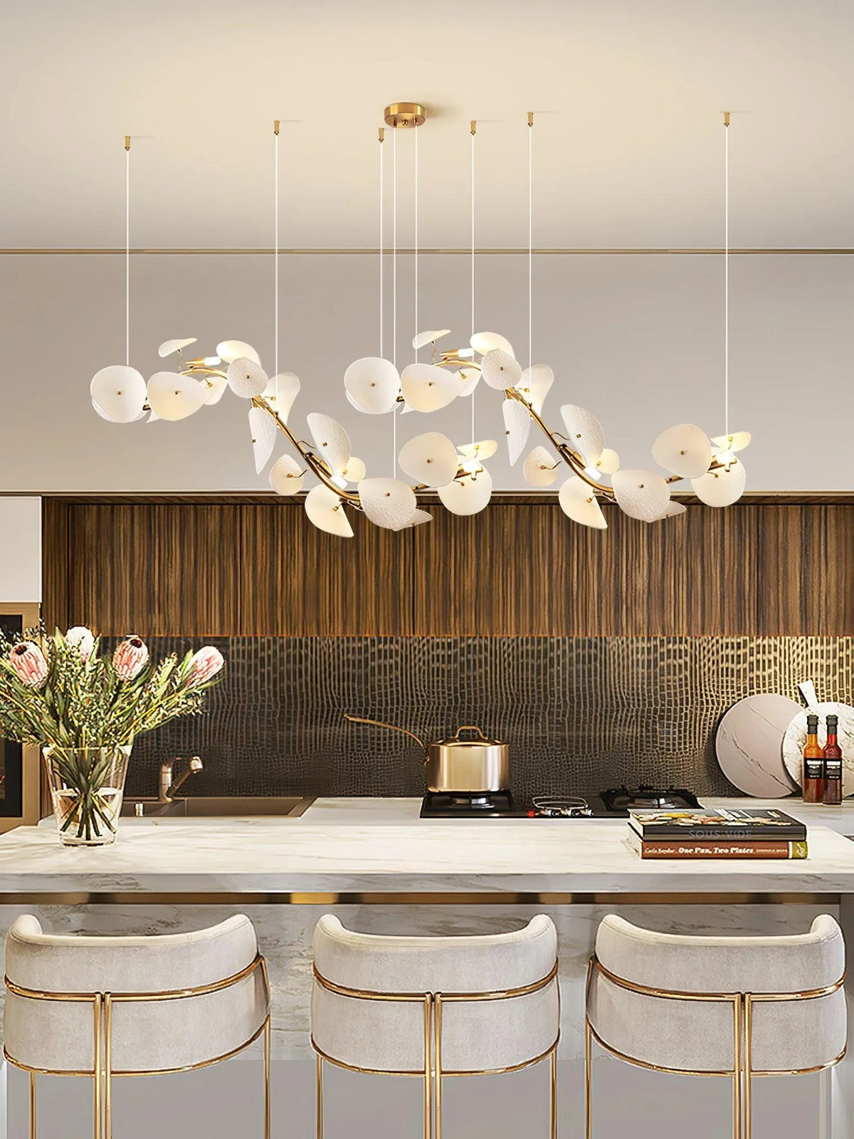 Modern Cascading Art Glass Linear Chandelier in Contemporary Kitchen