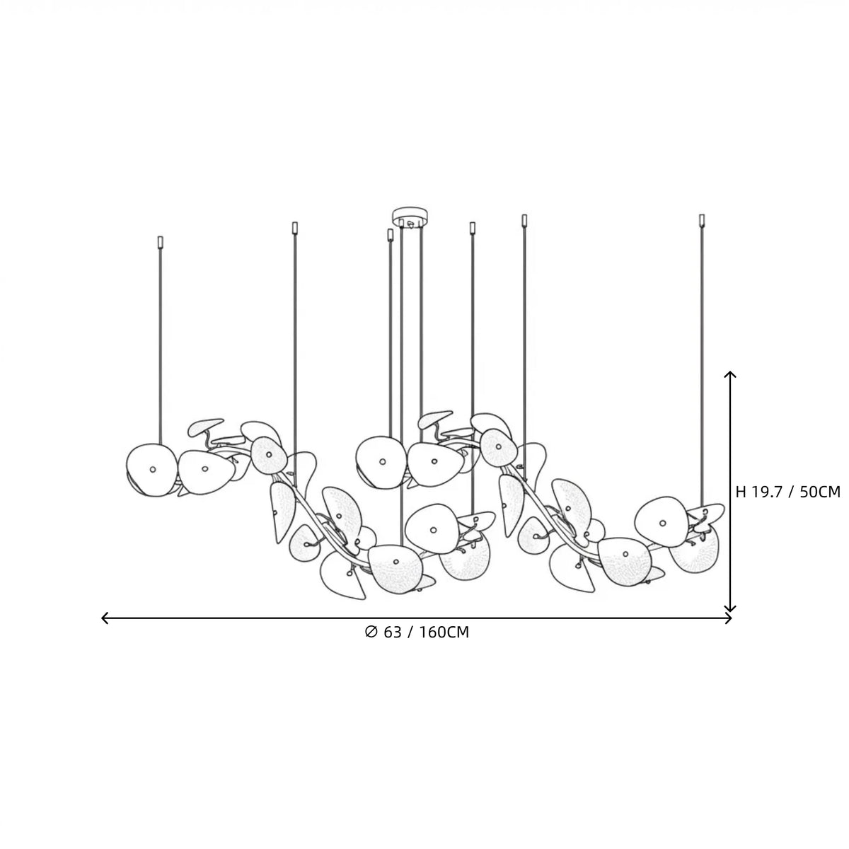 Modern Cascading White Round Plate Art Glass Linear Chandelier Style C Line Art Dimension Diagram