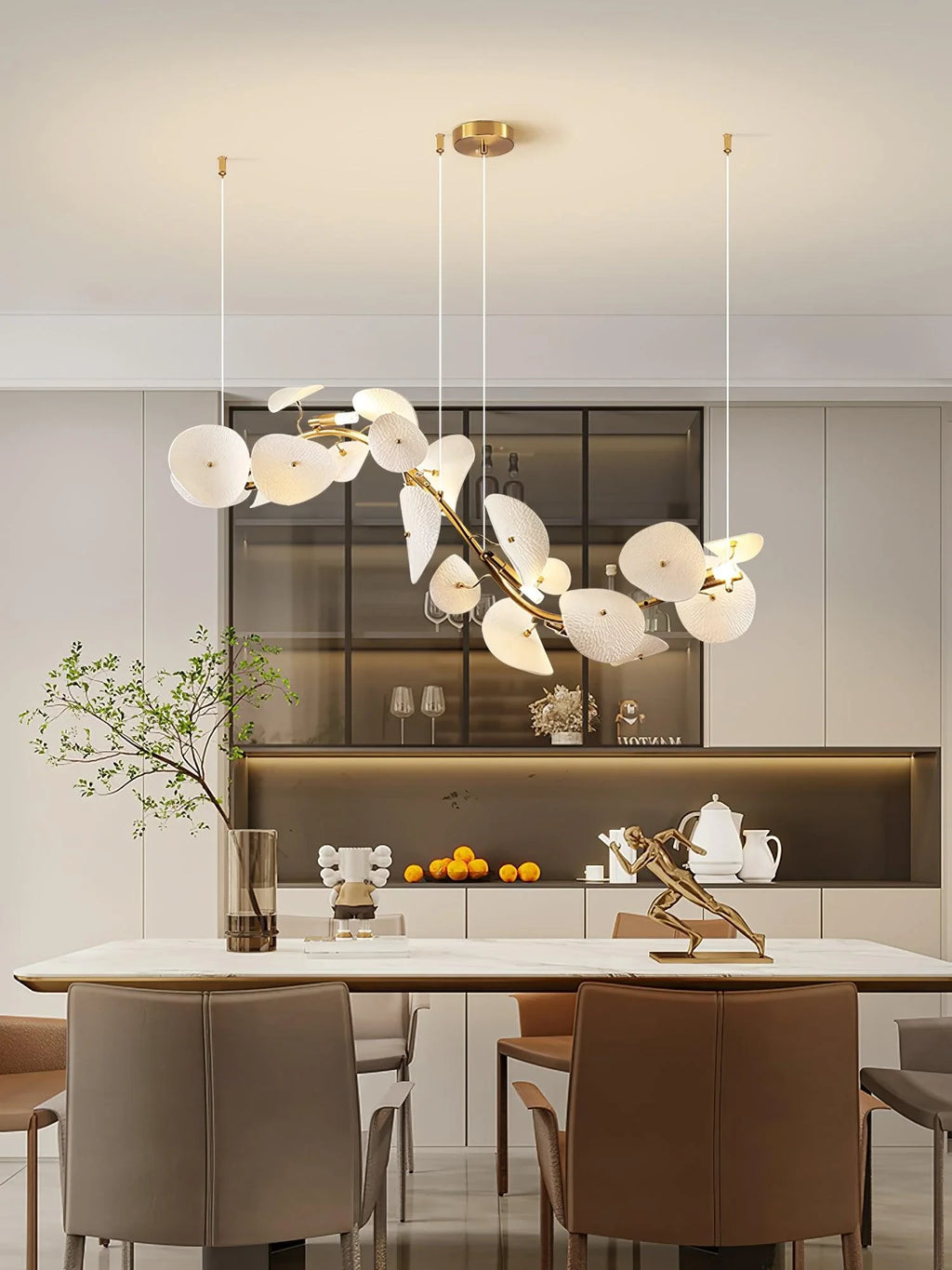 Modern White Round Plate Art Glass Linear Chandelier Over Dining Area