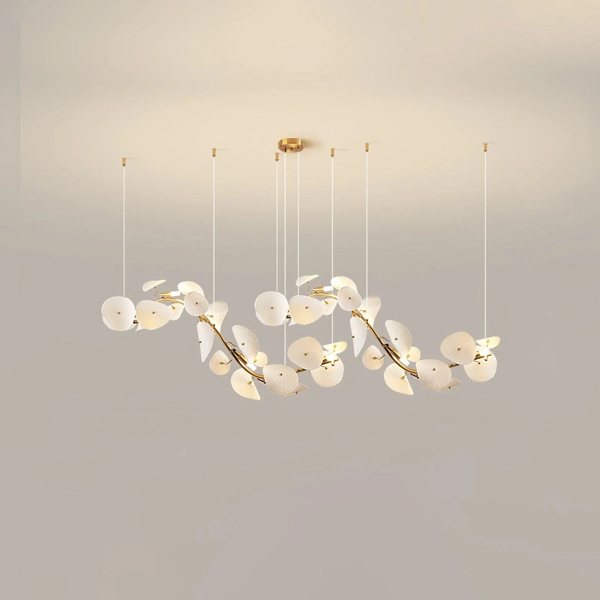 Front View of Illuminated Modern Cascading Art Glass Linear Chandelier