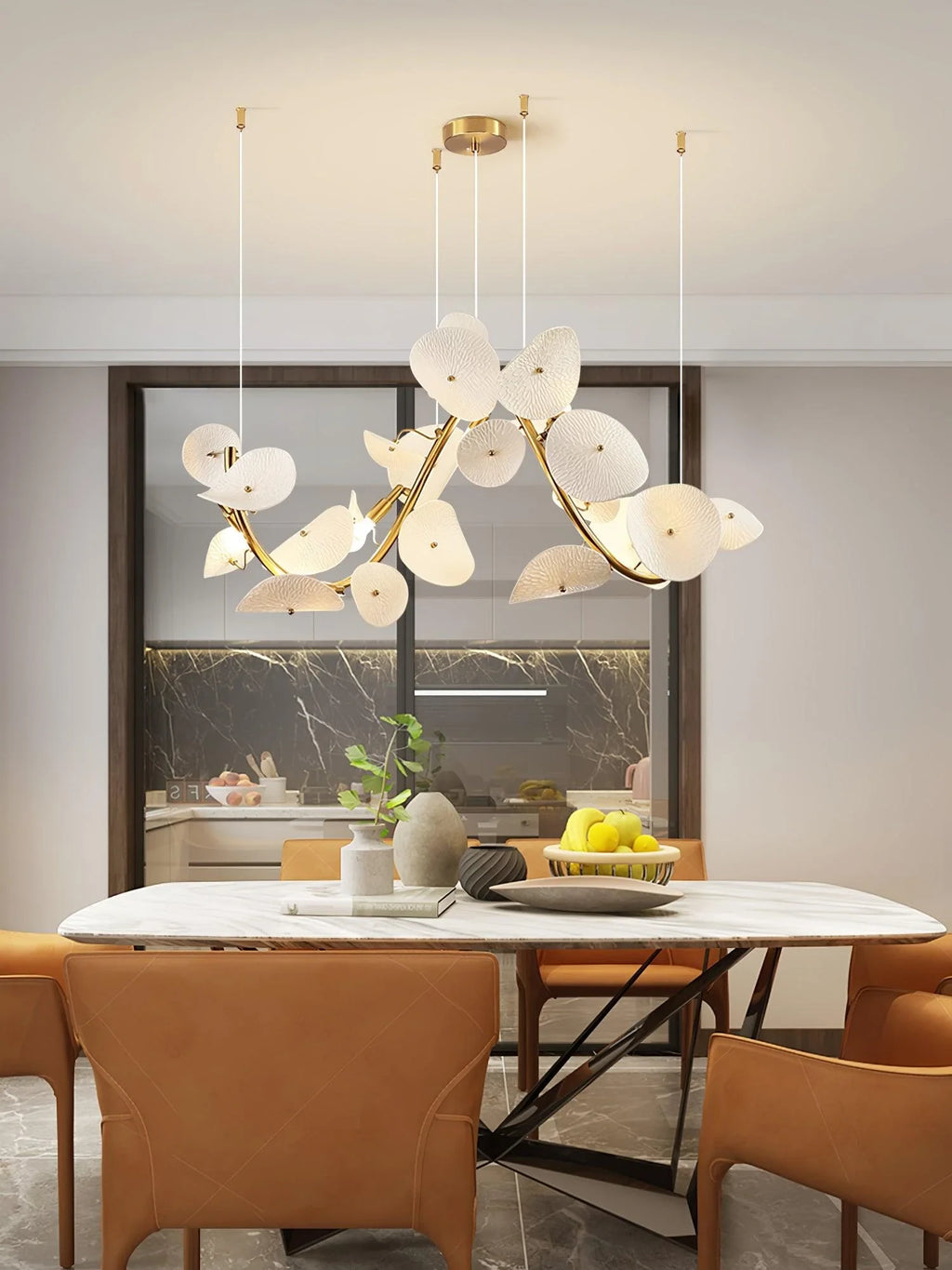 Modern Cascading Art Glass Chandelier Over Dining Room Table