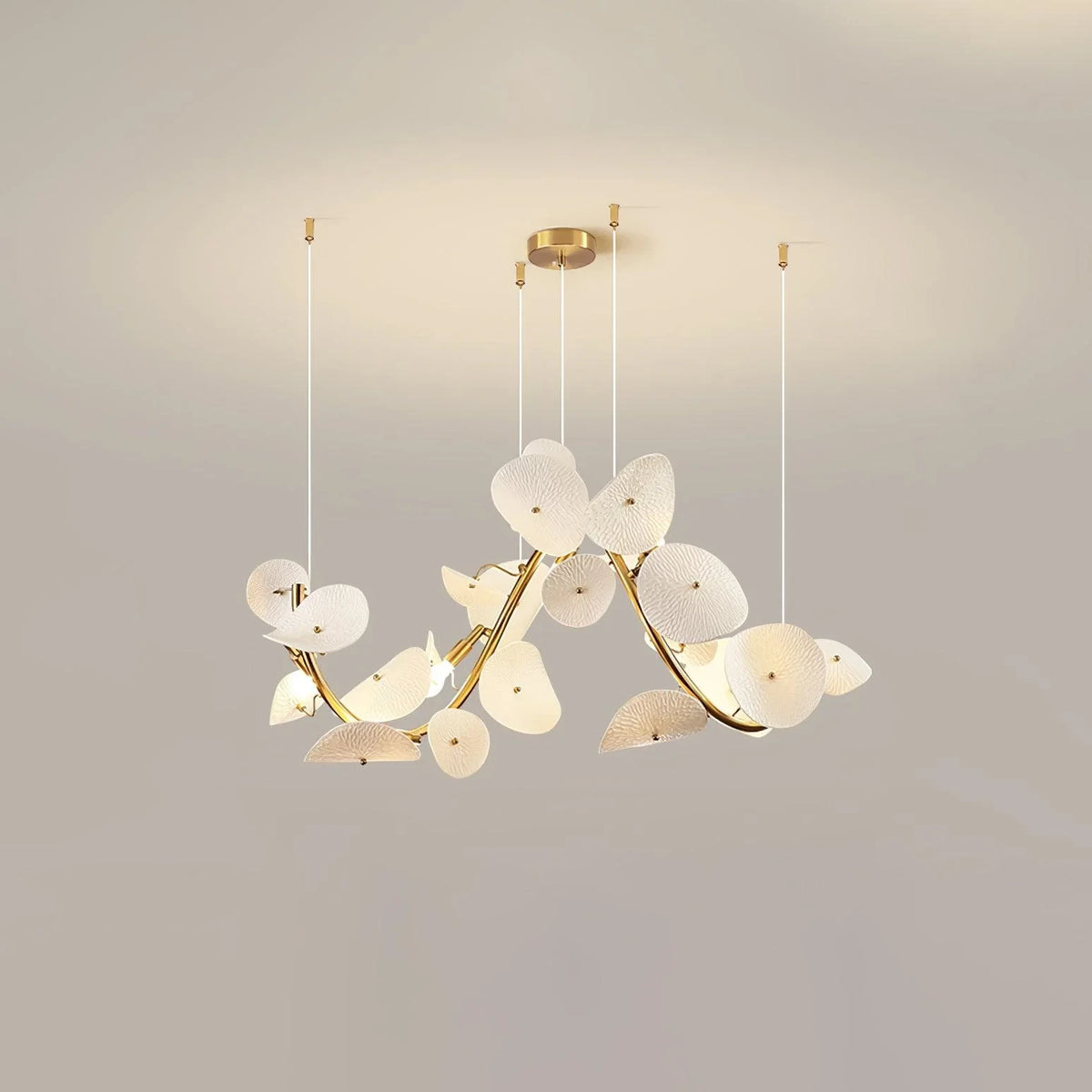 Angled View of Illuminated Modern White Round Plate Art Glass Chandelier