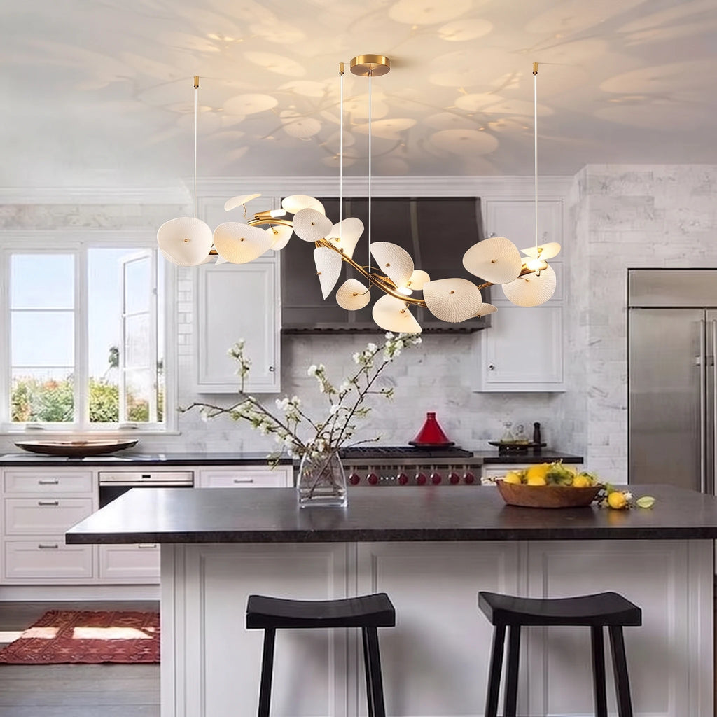Modern White Round Plate Art Glass Linear Chandelier Over Kitchen Island