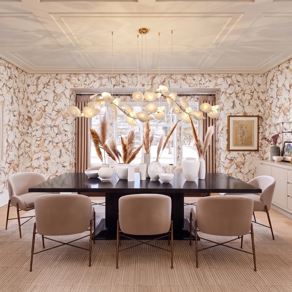 Modern Cascading Art Glass Linear Chandelier Over Dining Room Table
