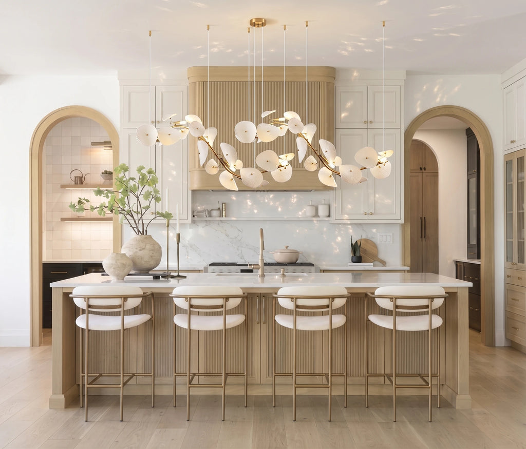Modern Cascading Art Glass Linear Pendant Over Kitchen Island