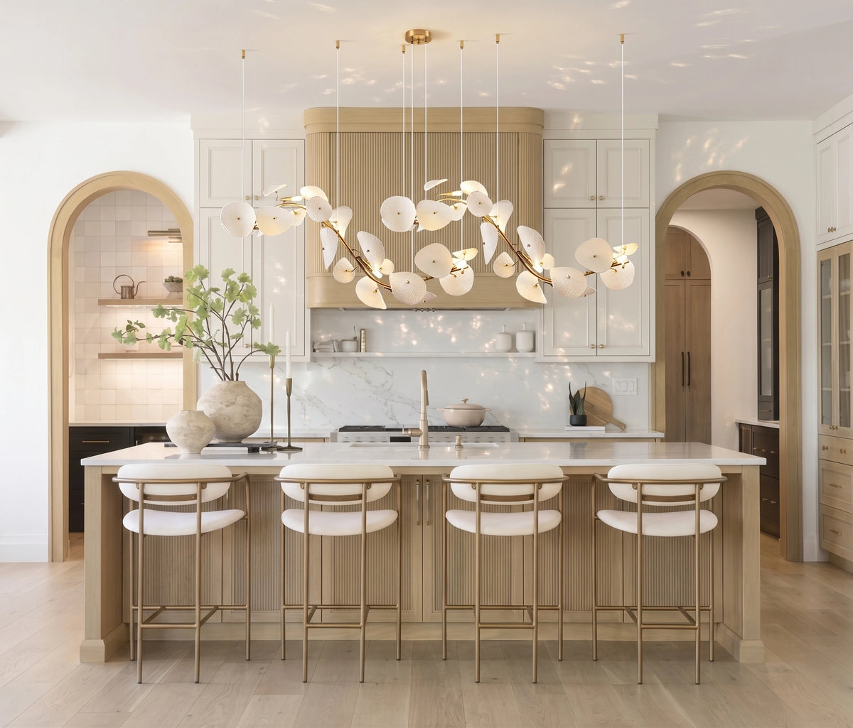 Modern Cascading Art Glass Linear Pendant Over Kitchen Island