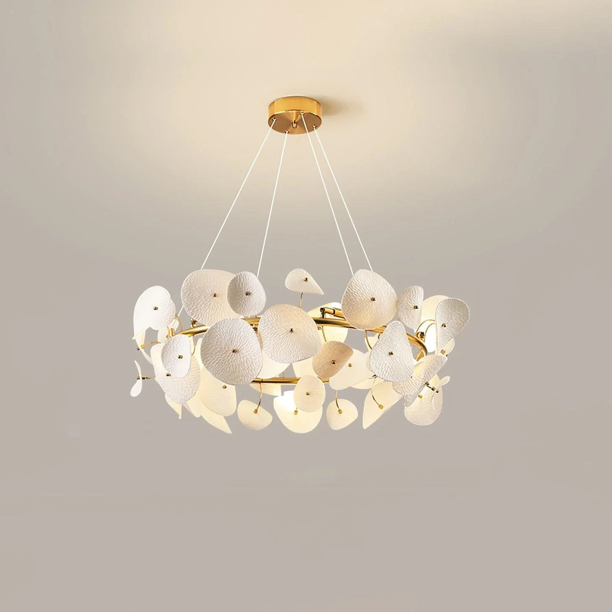 Studio Display of Illuminated Modern Cascading White Art Glass Chandelier