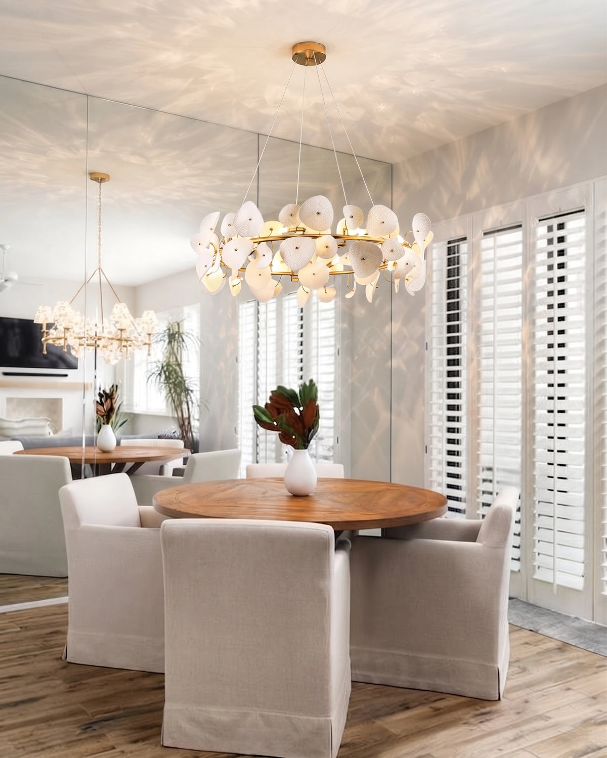 Modern Cascading Art Glass Chandelier Over Dining Room Table