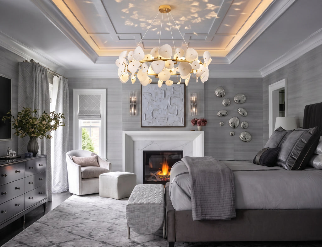 Modern White Round Plate Art Glass Chandelier in Master Bedroom Setting