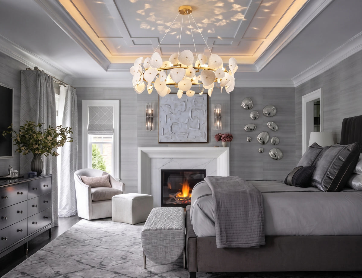 Modern White Round Plate Art Glass Chandelier in Master Bedroom Setting