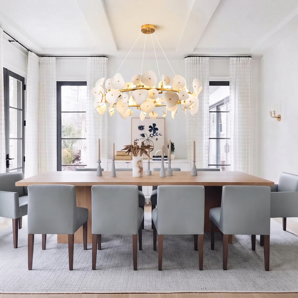 Modern Cascading Art Glass Chandelier Over Formal Dining Table
