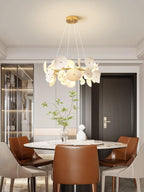 Modern Cascading Art Glass Chandelier Over Dining Area