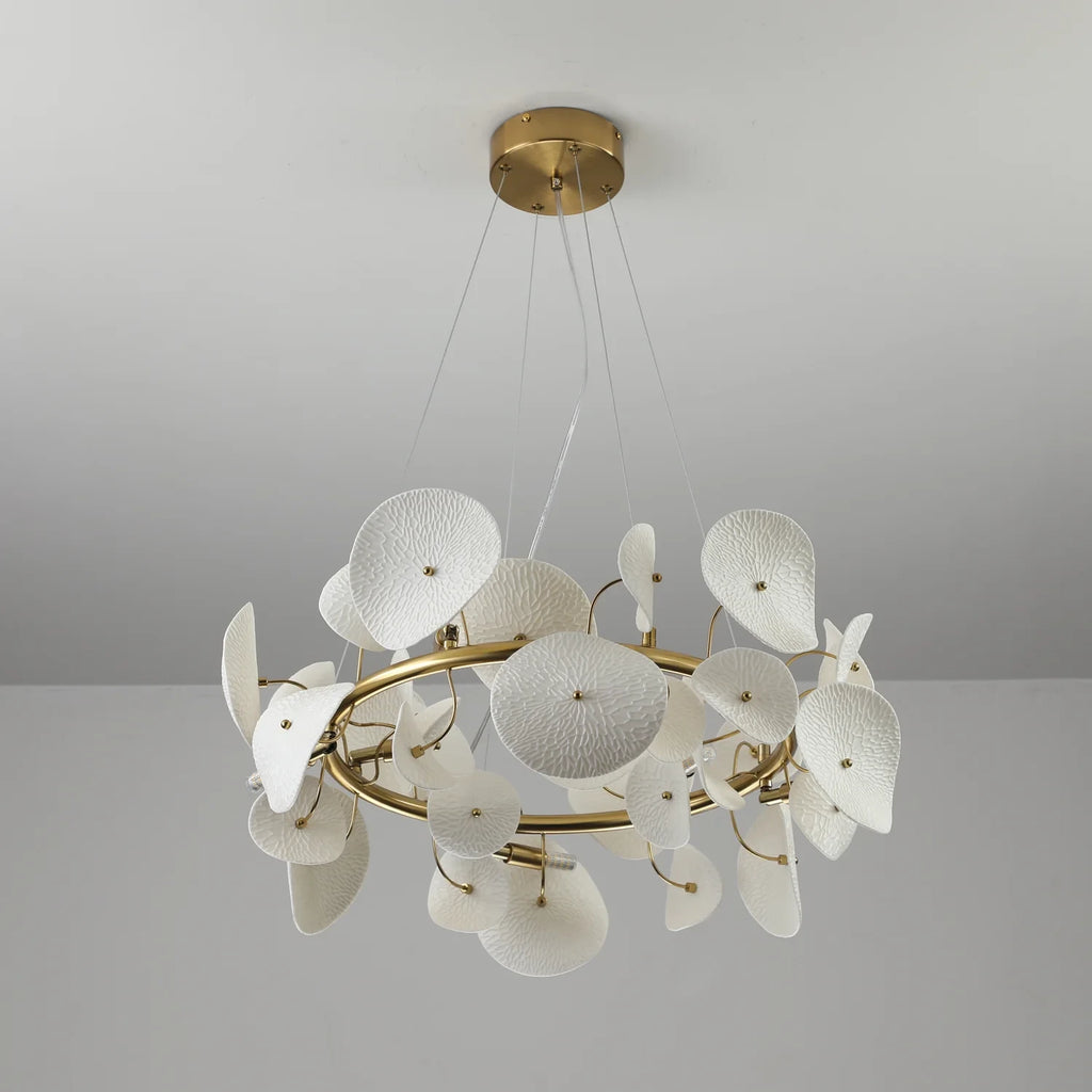 Illuminated Modern Cascading White Round Plate Art Glass Chandelier Studio Shot