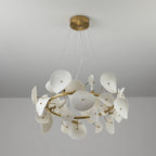 Illuminated Modern Cascading White Round Plate Art Glass Chandelier Studio Shot