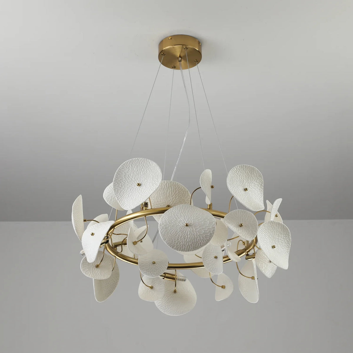 Illuminated Modern Cascading White Round Plate Art Glass Chandelier Studio Shot
