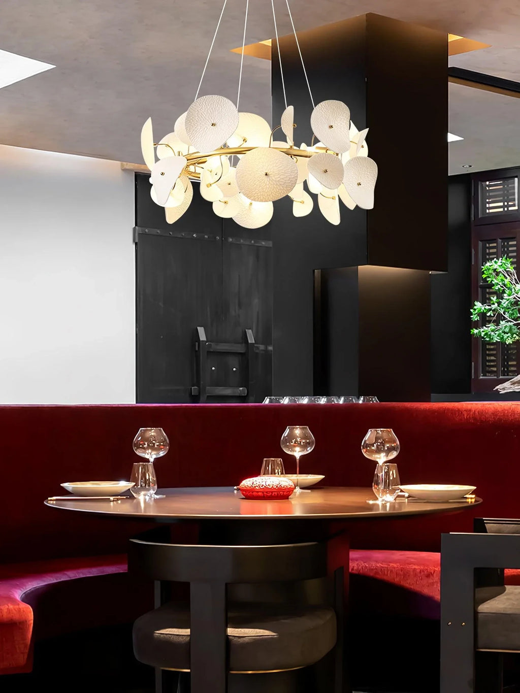 Modern White Round Plate Art Glass Chandelier in Restaurant Setting