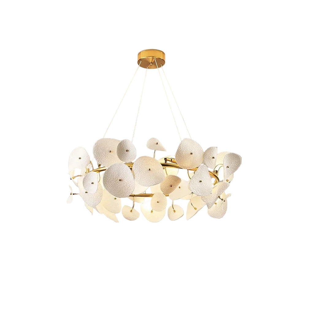 Modern Cascading White Round Plate Art Glass Chandelier with Brass Hardware on Pure White Background