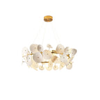 Modern Cascading White Round Plate Art Glass Chandelier with Brass Hardware on Pure White Background