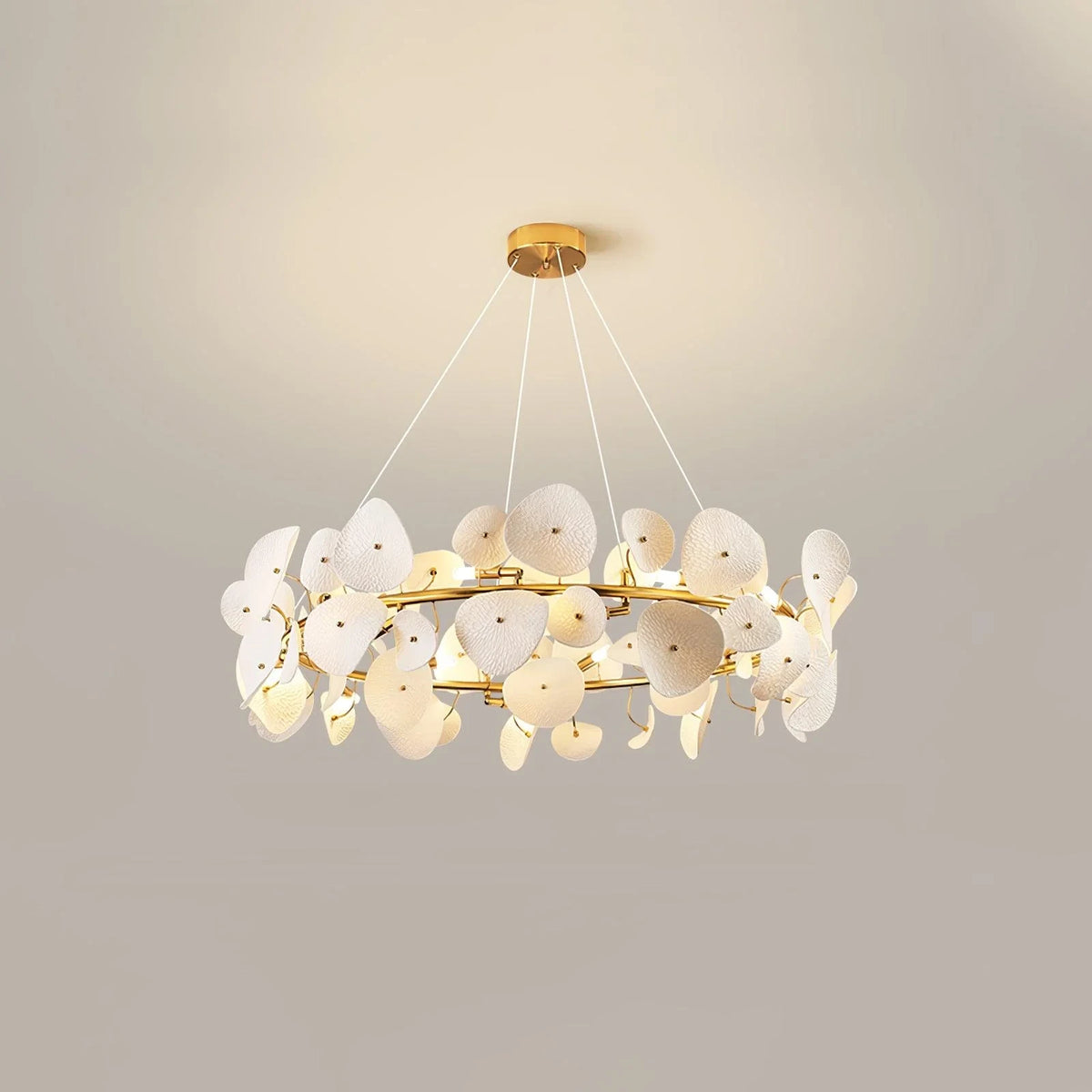 Front View of Illuminated Modern White Round Plate Art Glass Chandelier