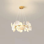 Angled View of Illuminated Modern White Round Plate Art Glass Chandelier