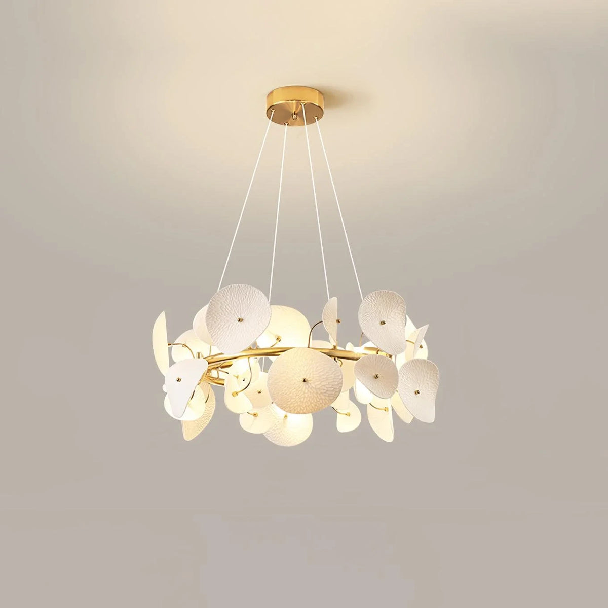 Angled View of Illuminated Modern White Round Plate Art Glass Chandelier