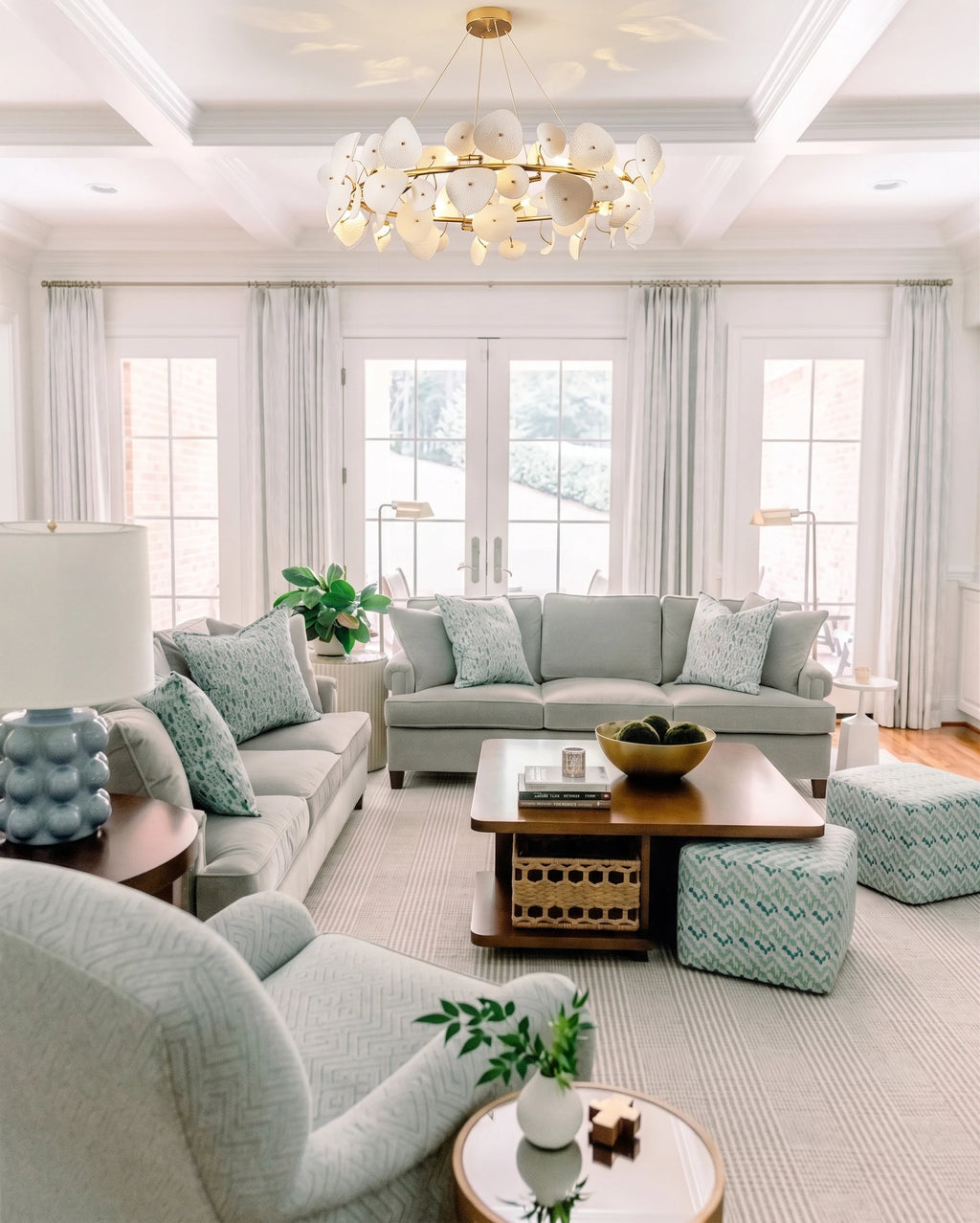 Modern Cascading Art Glass Chandelier in Coastal Living Room