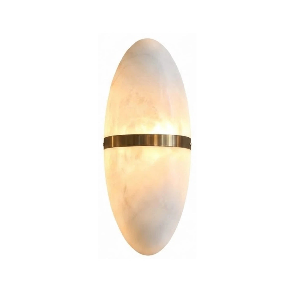 Modern Oval Alabaster and Brass Center Band Wall Sconce with Warm Light on Pure White Background