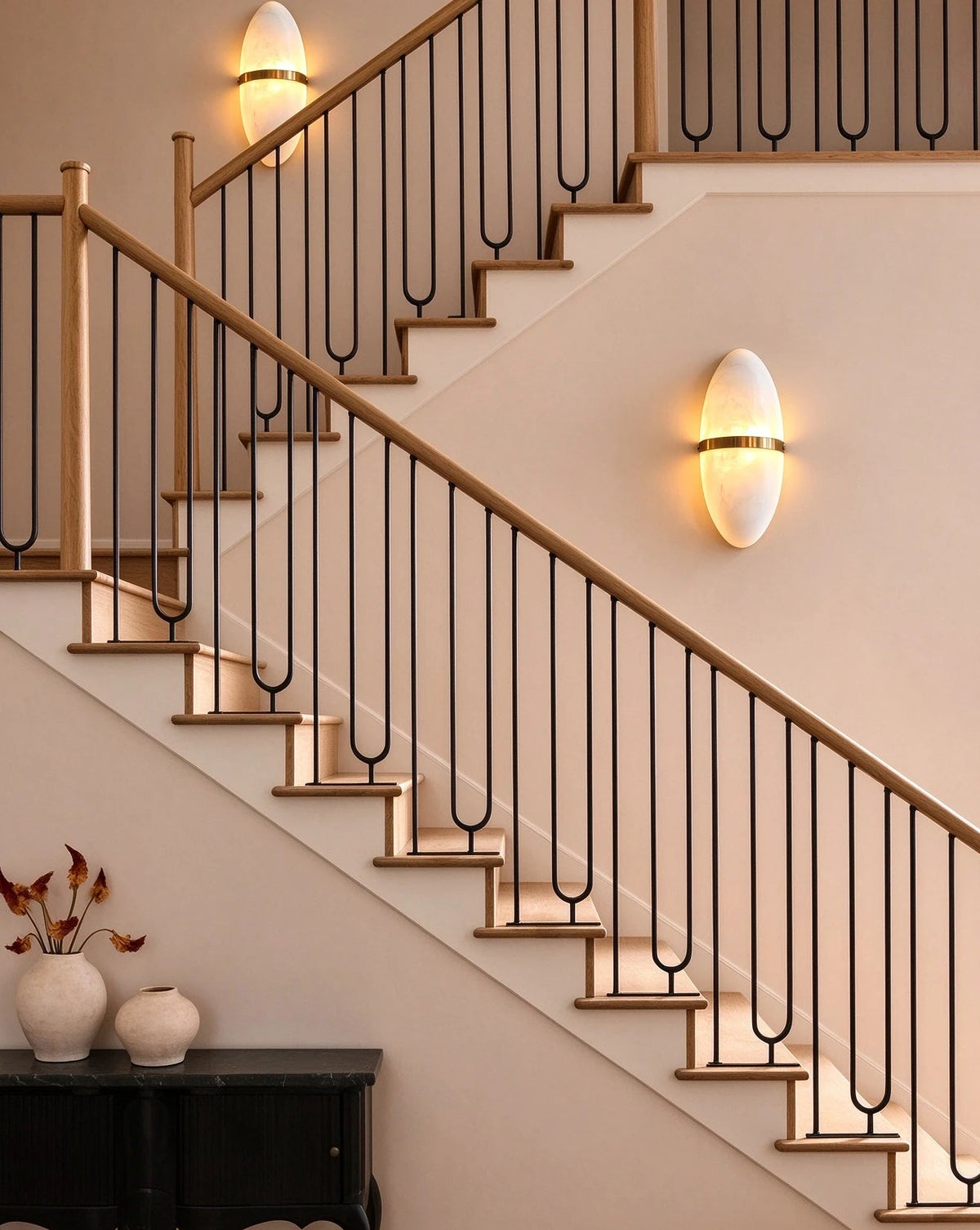 Modern Brass Alabaster Wall Sconce in Grand Staircase Foyer