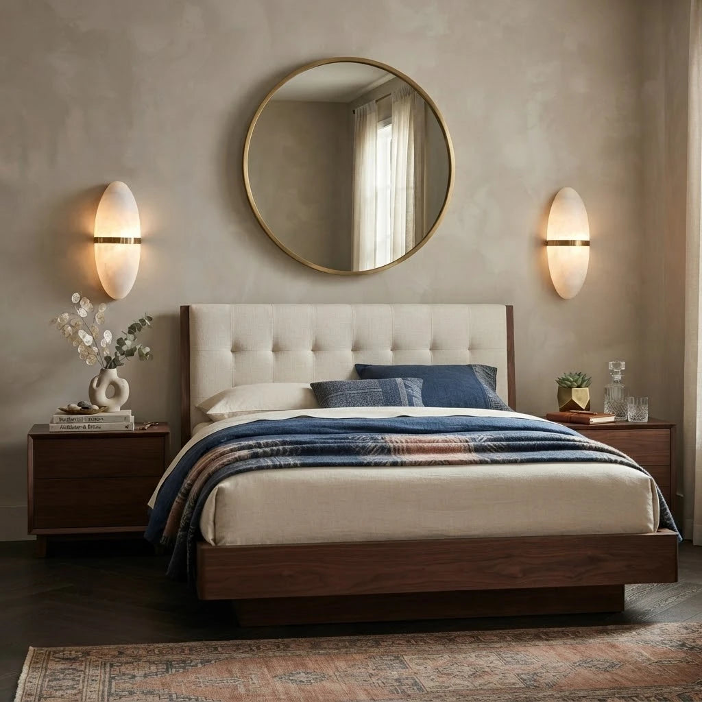 Modern Brass Alabaster Wall Sconce in Master Bedroom Suite