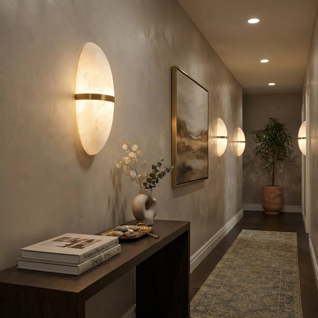 Modern Brass Alabaster Wall Sconce in Contemporary Hallway Space