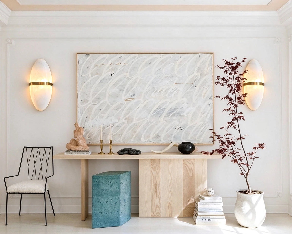 Modern Brass Alabaster Wall Sconce in Elegant Living Space