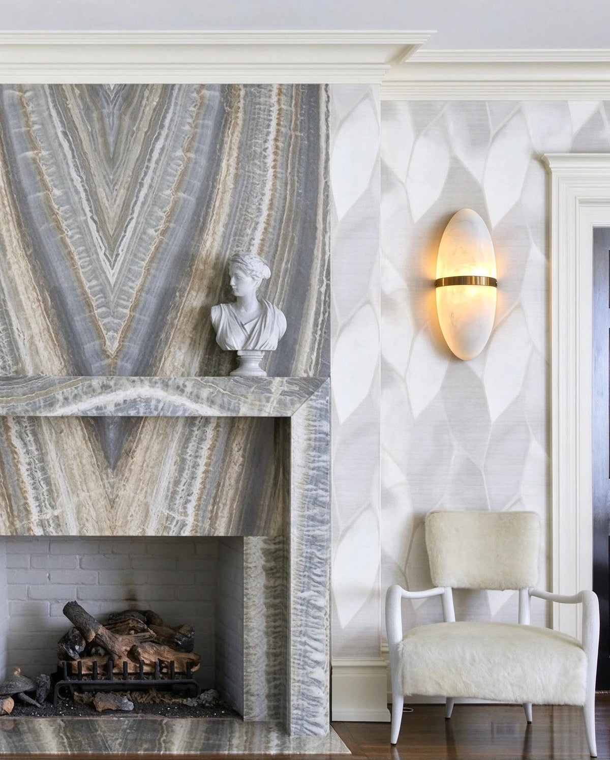 Modern Brass Alabaster Wall Sconce in Sophisticated Living Room