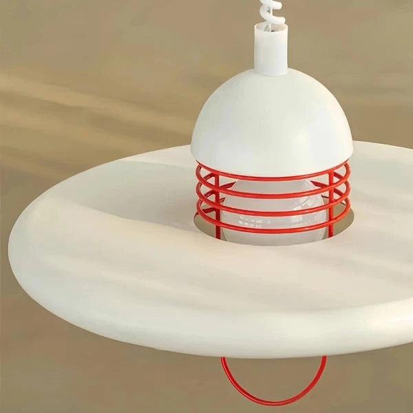 Top Angled View of Illuminated Modern White Disc Pendant Light