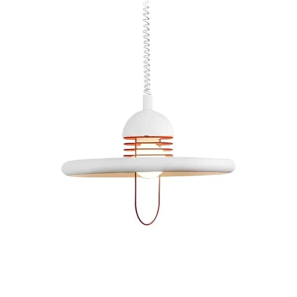 Modern White Disc Pendant Light with Red Accent and Cord on Pure White Background